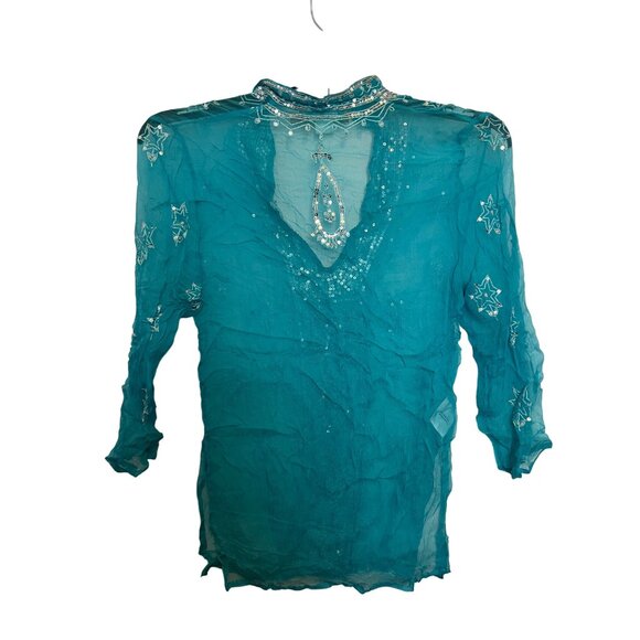 Sweet By Miss Me Womens Top Size S Embroidered Sequin Detail 100% Silk Turquoise - Picture 2 of 5